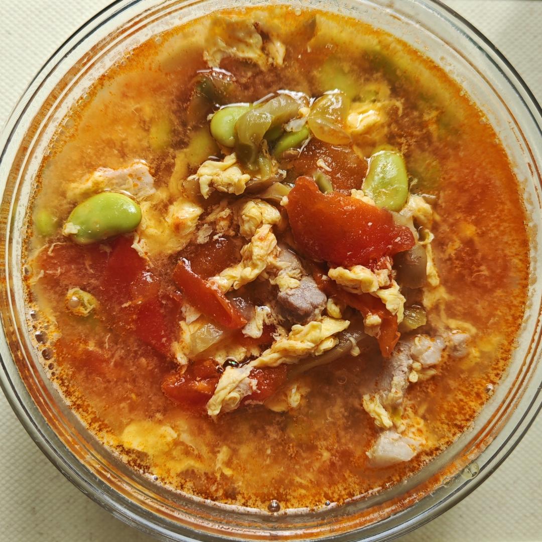 毛豆肉丝榨菜番茄鸡蛋汤