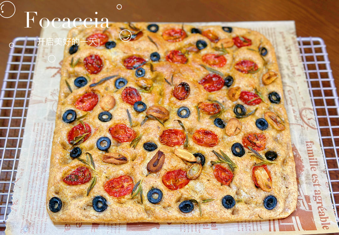 迷迭香番茄青豆佛卡夏Focaccia layered with rosemary tomatoes&peas——北鼎烤箱食谱