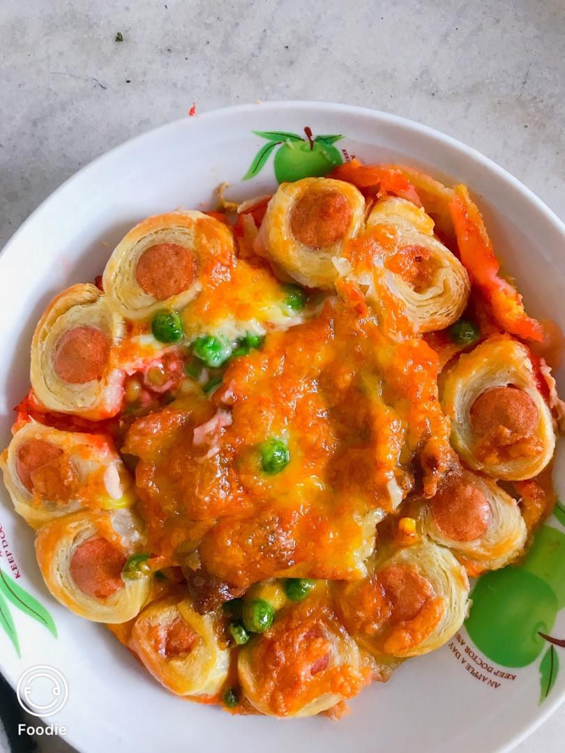 2张手抓饼皮搞定1个披萨——奥尔良鸡肉披萨