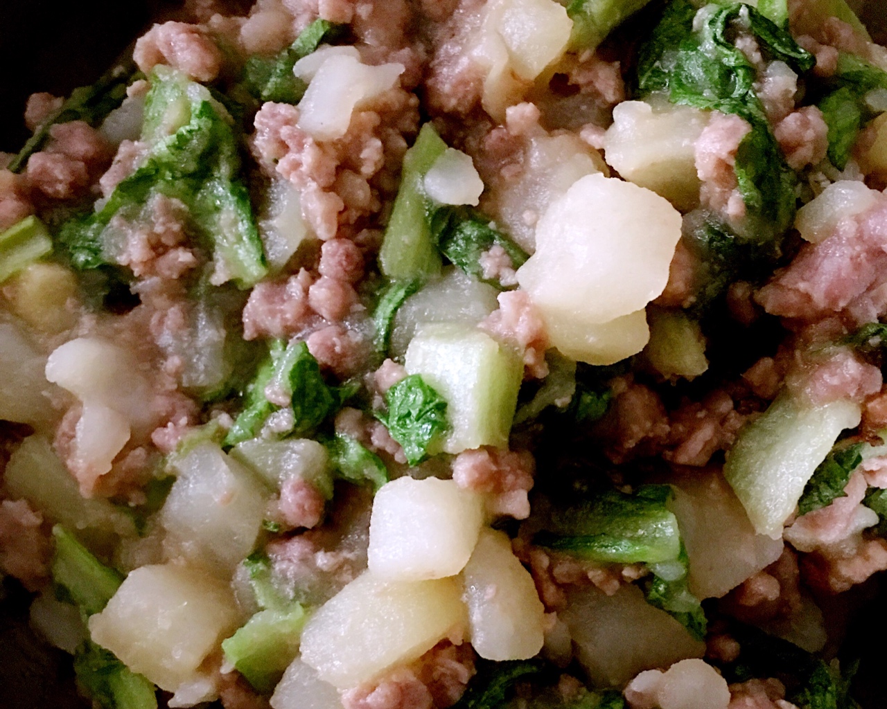 青菜肉沫熬土豆（无油健身版）的做法
