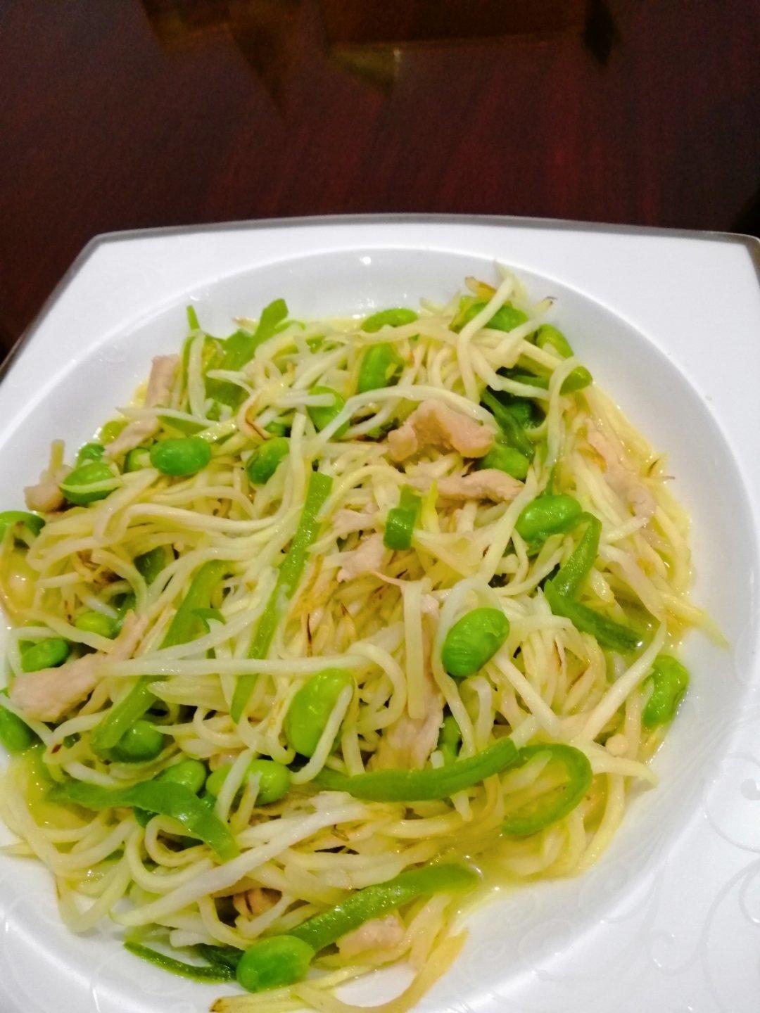 茭白青椒肉丝炒毛豆
