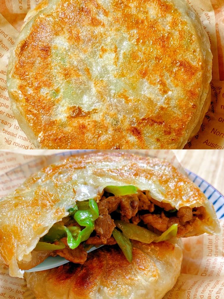 不用揉面就能吃饭青椒肉丝饼，皮薄馅足超好吃