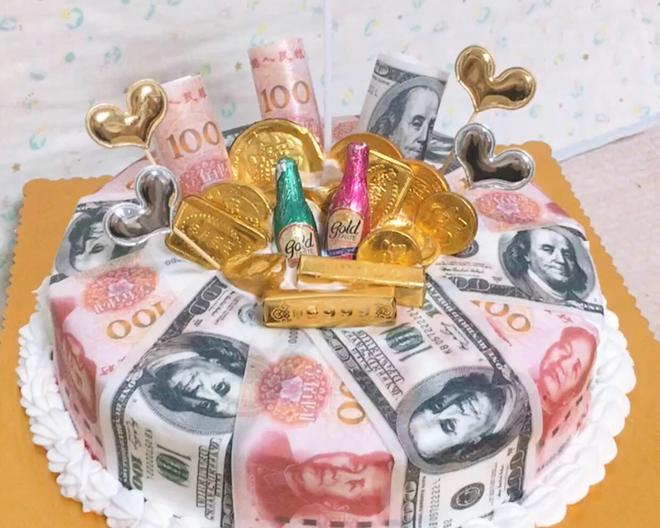 糯米纸钱币RMB $美元招财进宝生日蛋糕的做法