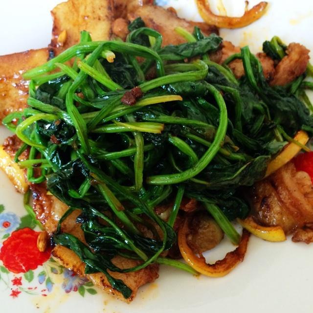 韩式辣酱腌五花肉炒菠菜