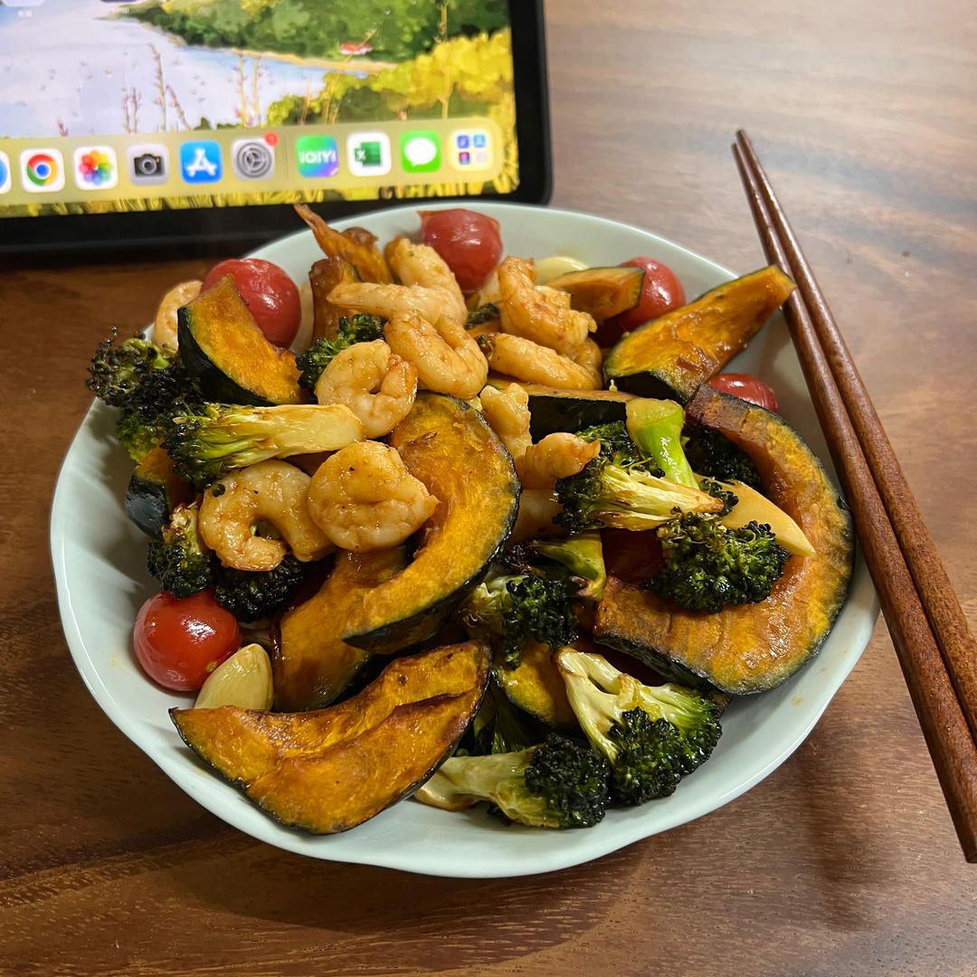 减脂餐虾仁贝贝南瓜烤杂蔬--空气炸锅