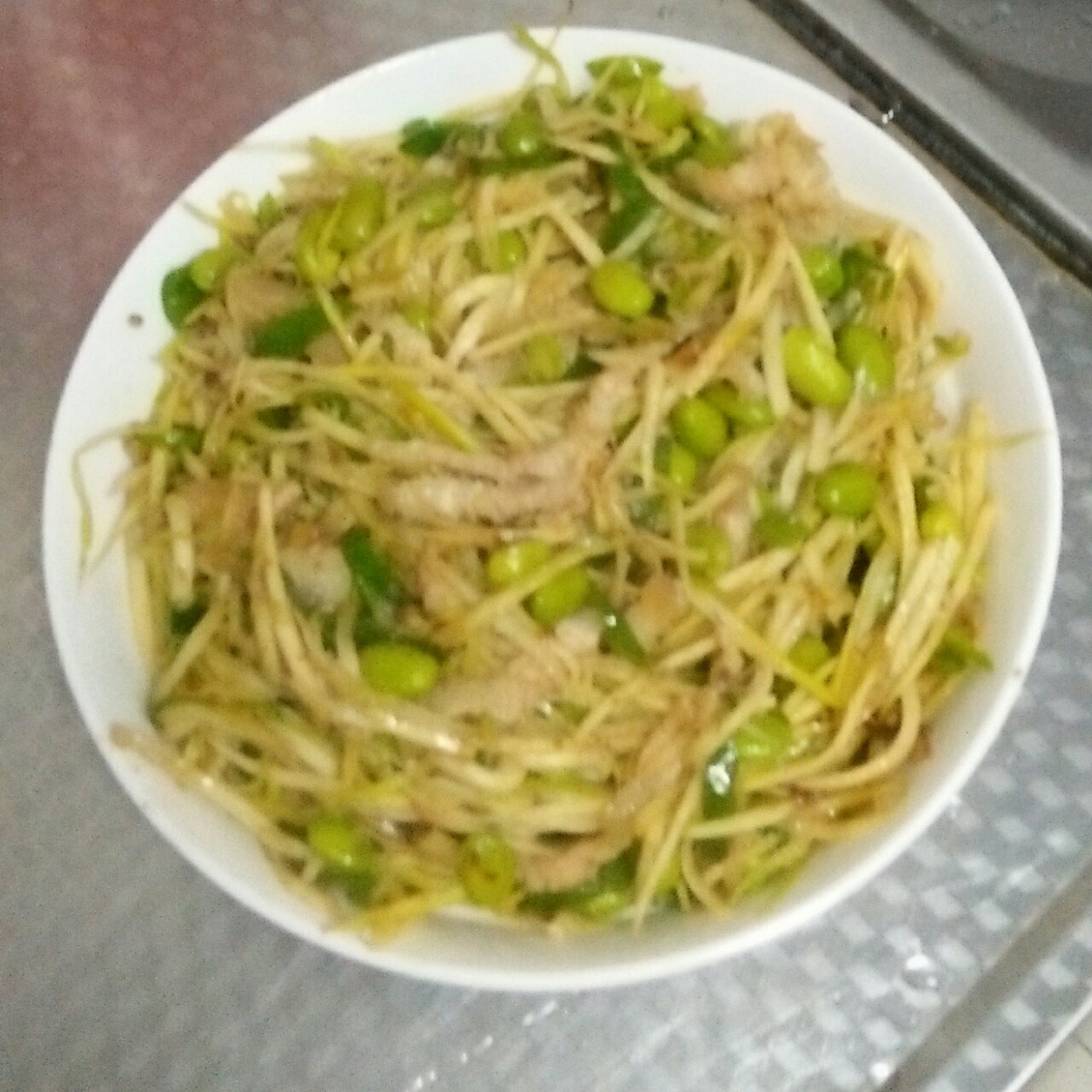 茭白青椒肉丝炒毛豆