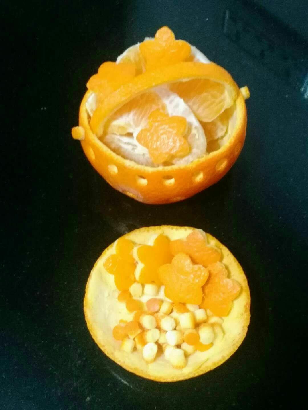 微尘3596做的橙皮花篮盘饰拼盘摆盘(巧去橙皮)