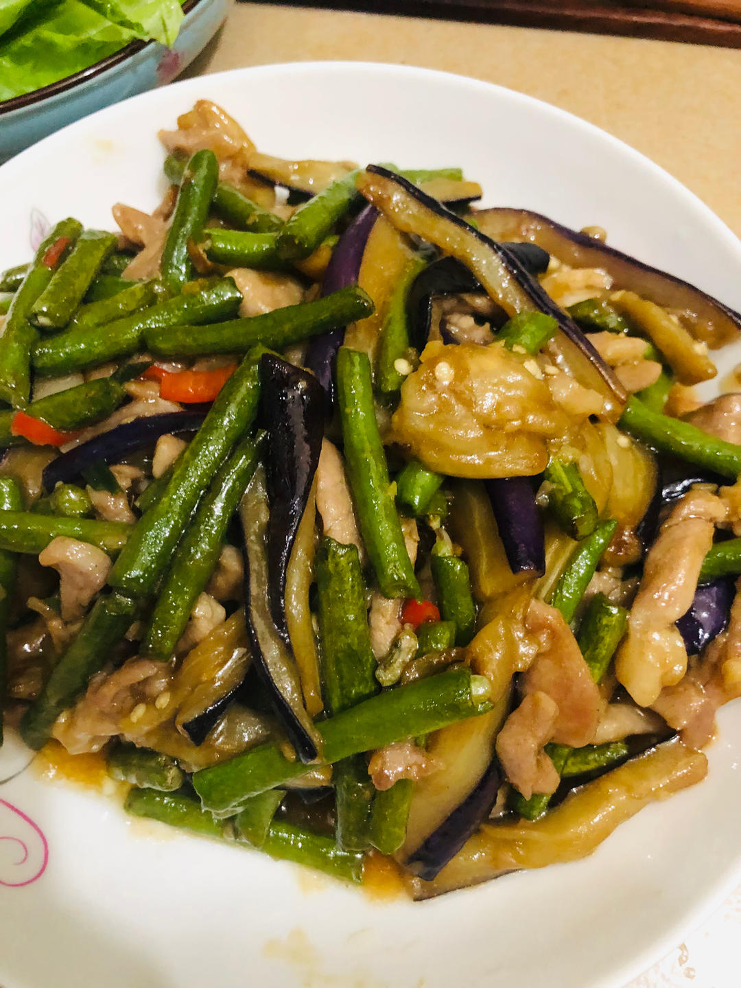 茄子豆角炒肉沫