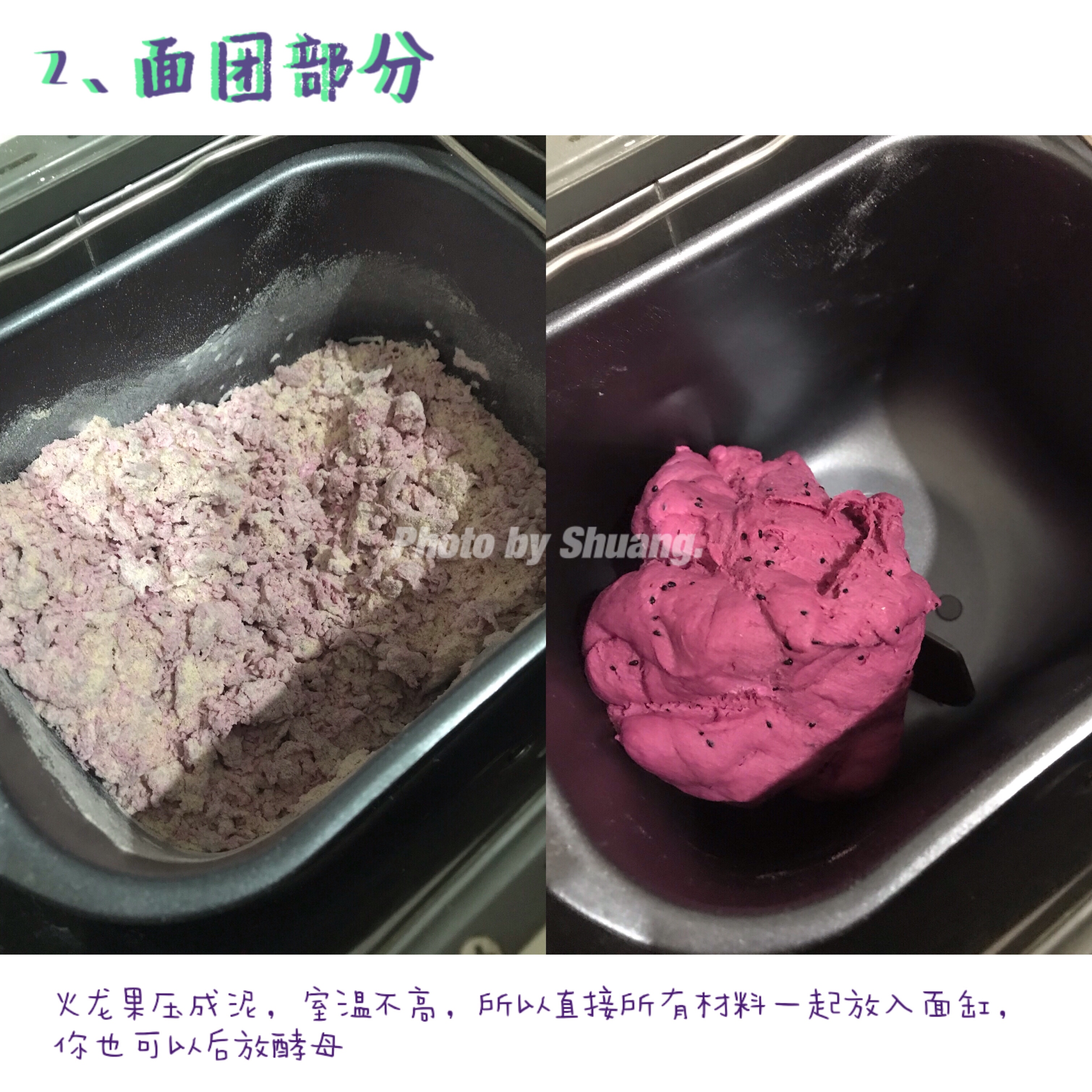 火龙果奶香高纤紫薯包｜无糖无油全麦的做法 步骤2