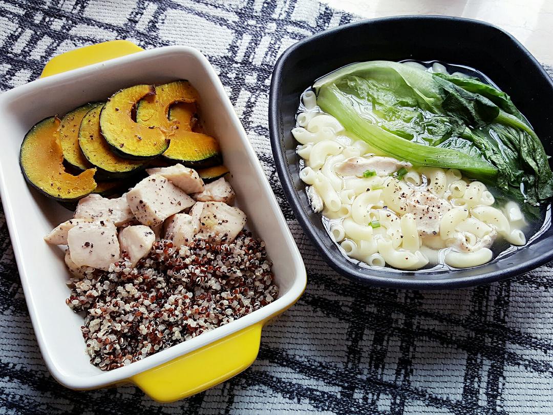 低卡午餐（烤南瓜鸡胸藜麦+上汤青菜鸡丝通心粉）