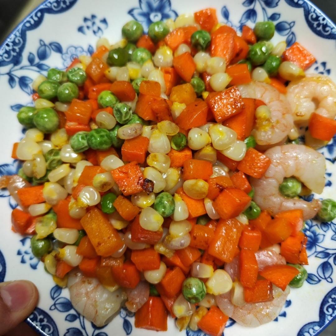 玉米豌豆胡萝卜炒虾仁