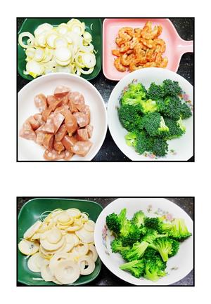 无油煮菜（西兰花+春笋+虾仁+火山肠）的做法 步骤1