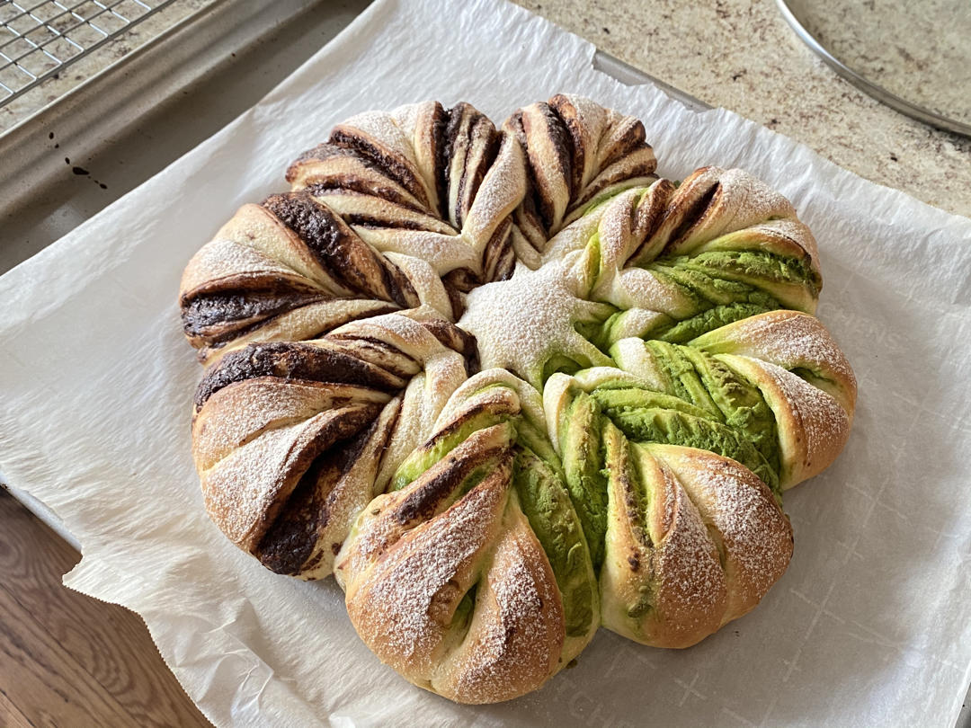 抹茶奶酥❄️圣诞雪花面包｜一次发酵