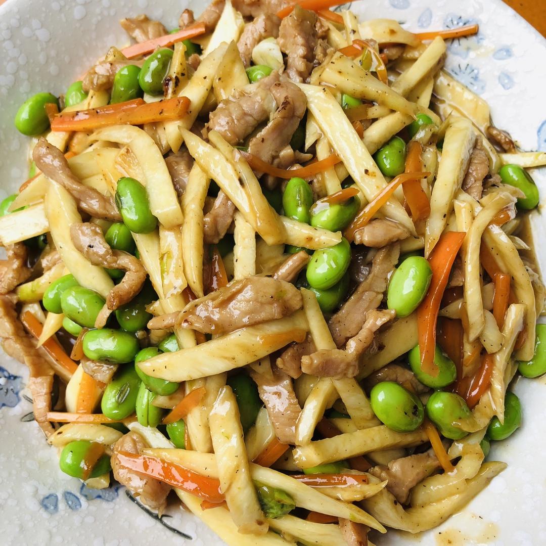 茭白青椒肉丝炒毛豆