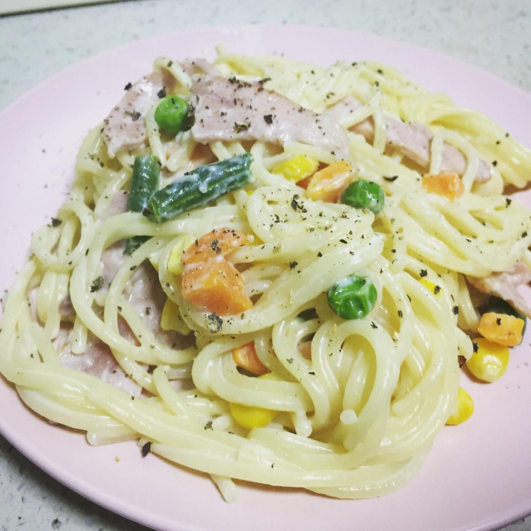 白蘑菇奶油培根意面