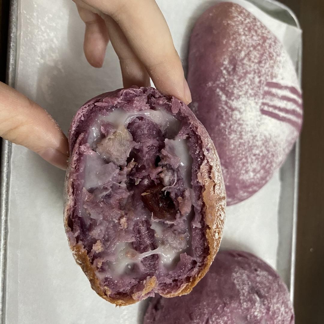 紫薯软欧包（内馅有麻薯，肉松，芋泥，口感超赞）配麻薯做法～