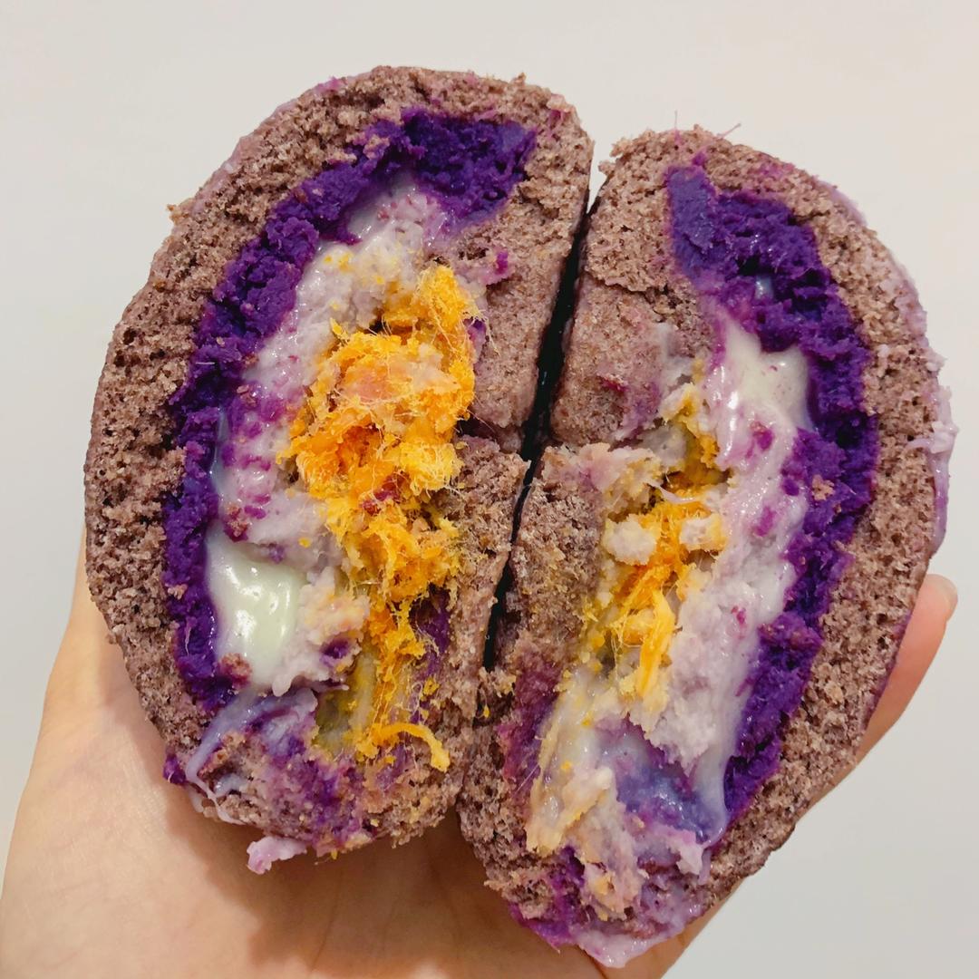 sister025做的无糖无油低脂05全麦紫薯麻薯包免烤箱蒸锅版