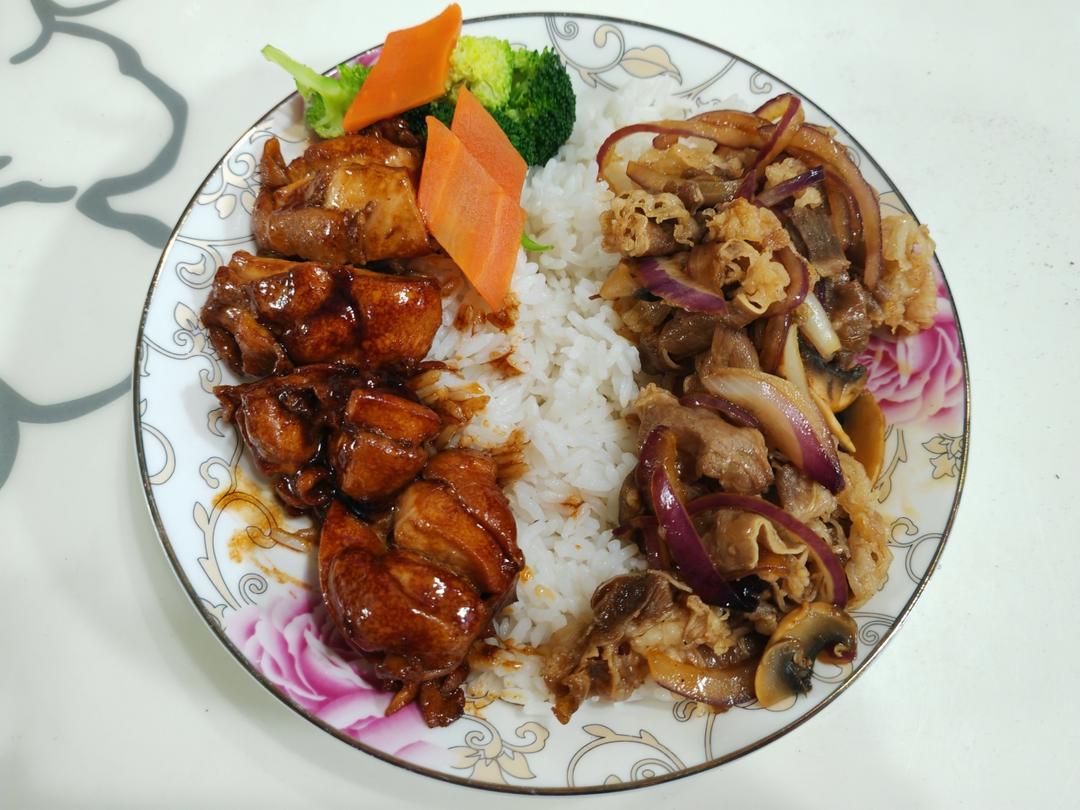 减脂期间解馋的照烧鸡腿+肥牛双拼饭