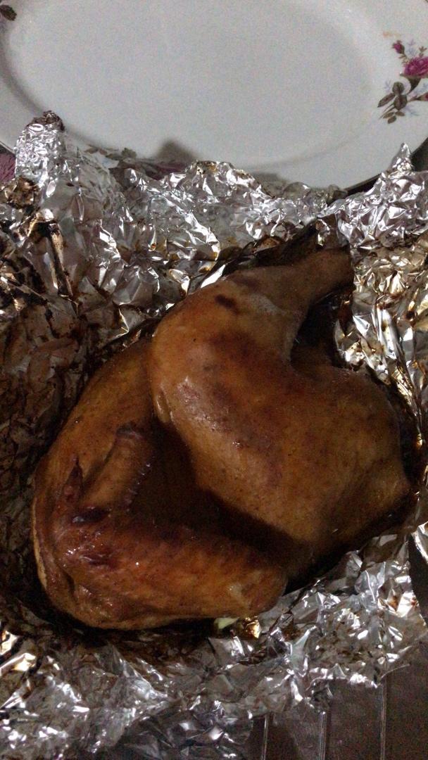萌娃的妈妈做的锡纸烤鸡烤箱版外酥里嫩肉美多汁半只鸡