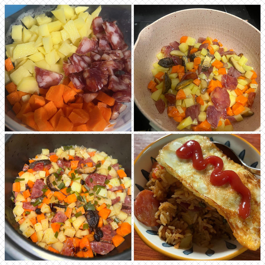 懒人版❗电饭煲土豆腊肠焖饭，好吃到舔盘～
