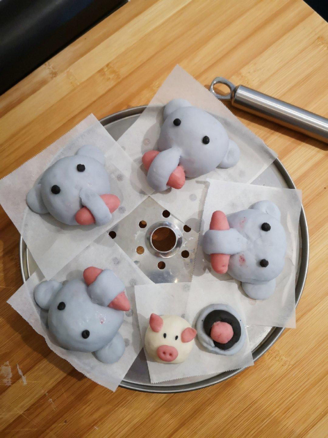 阿qin做的可爱大象火腿肠卡通馒头