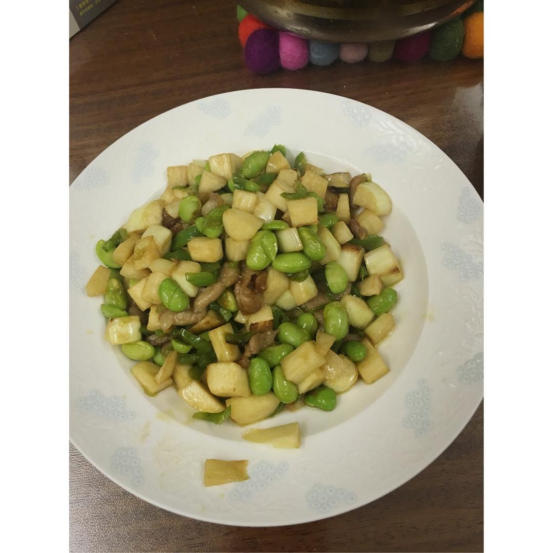 茭白青椒肉丝炒毛豆