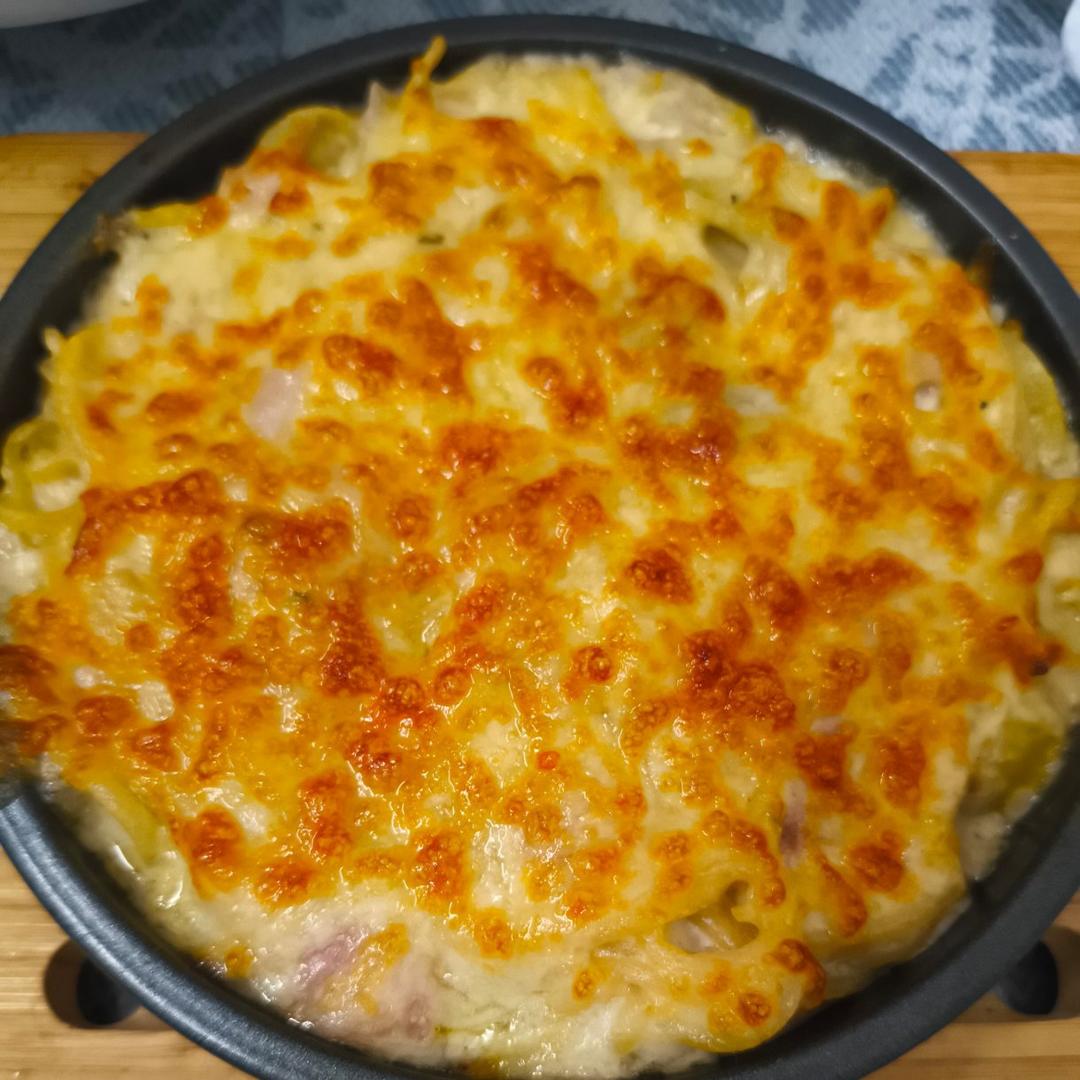 浓香奶酪白酱焗意面｜空气炸锅版（附详细做法）