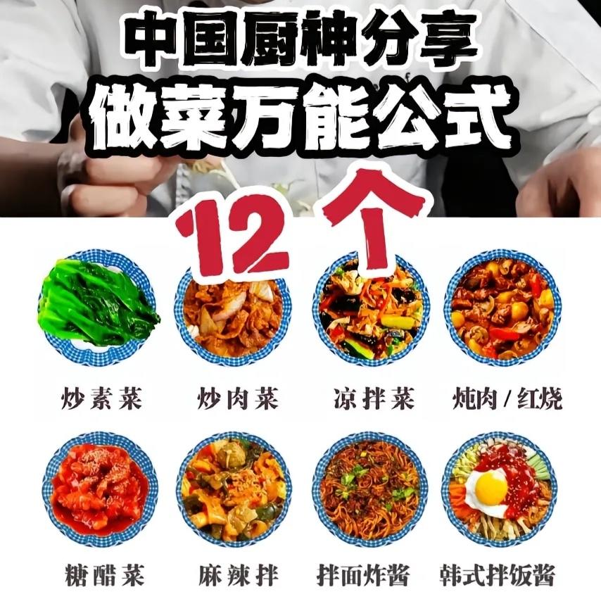12个万能公式：炖肉/红烧，炒素菜，韩式拌饭酱，拌面炸酱，鱼香酱汁，照烧酱汁，凉拌菜，酸辣酱汁，糖醋菜