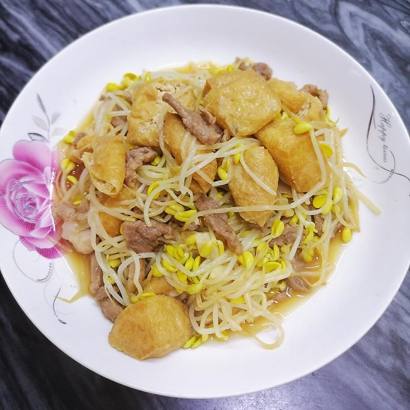 肉炒油豆腐豆芽的做法
