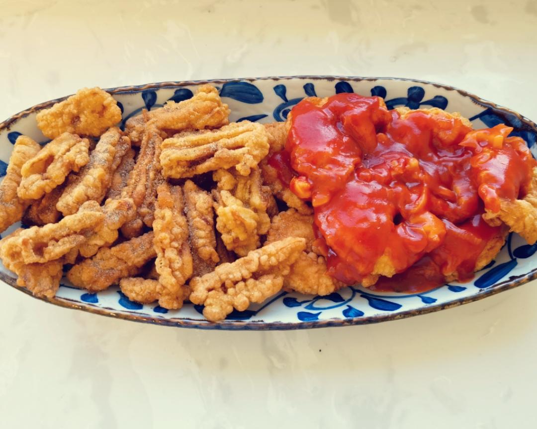 虾藕两吃～番茄虾仁+椒盐藕条的做法