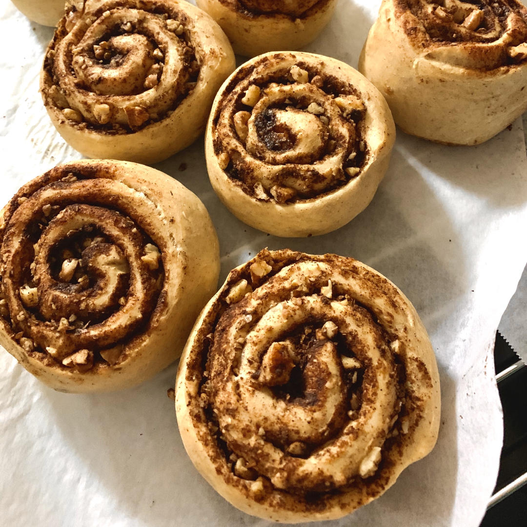 椰子油全麦免揉核桃肉桂卷【轻卡小食】——懒癌晚期版