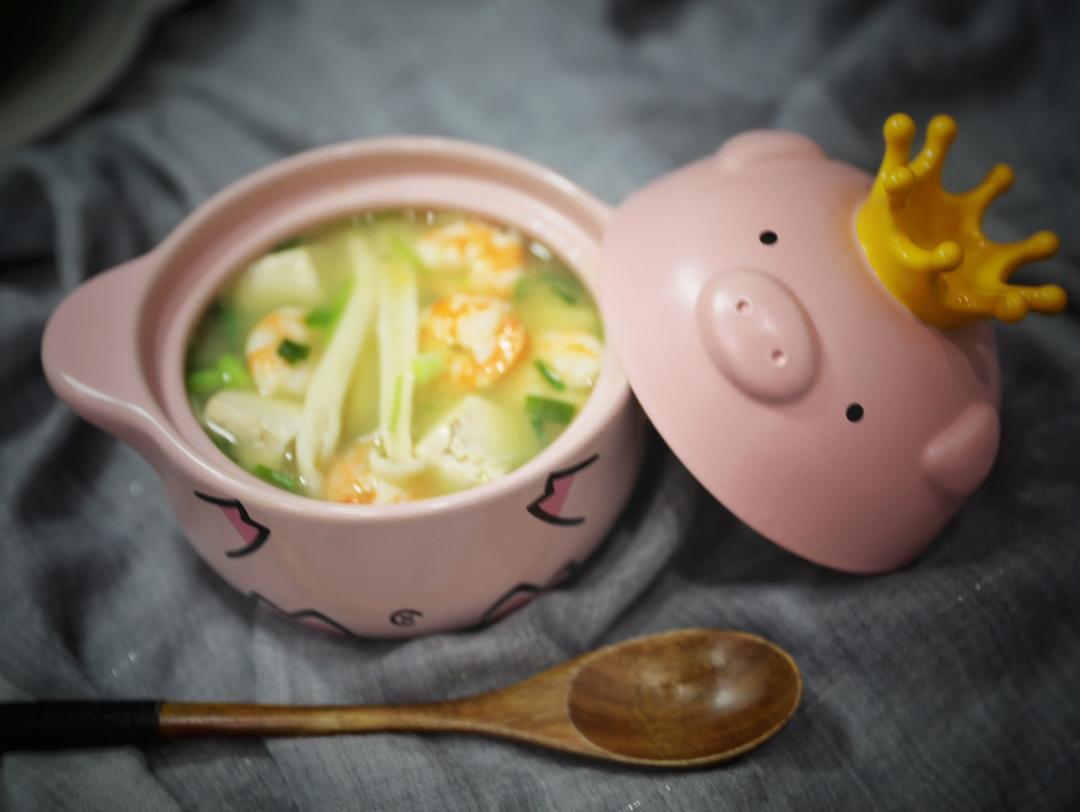 蟹味菇金汤鲜虾豆腐羹
