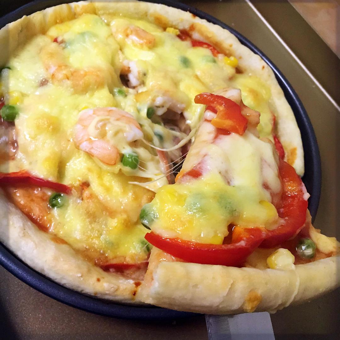 番茄酱版大虾培根披萨～的做法