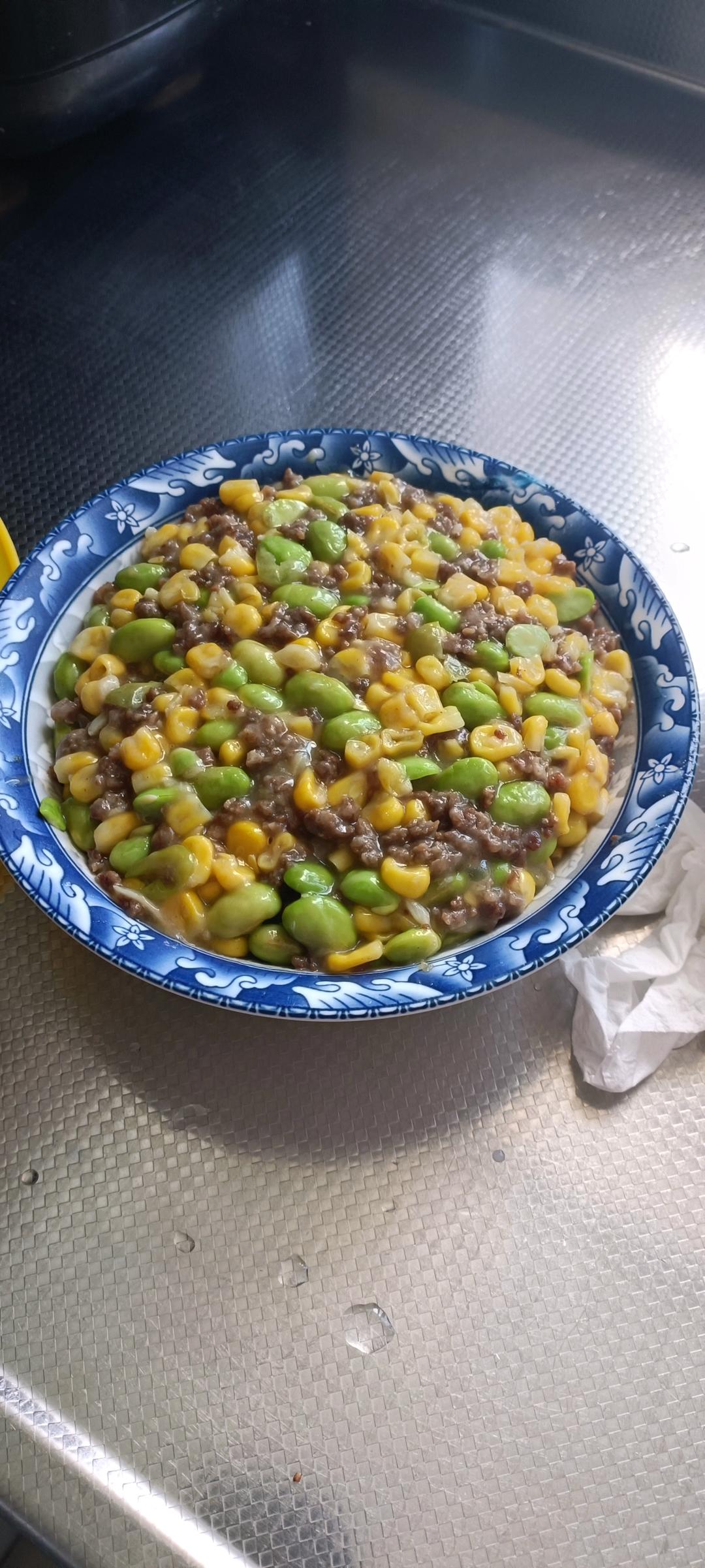 毛豆玉米粒炒肉沫