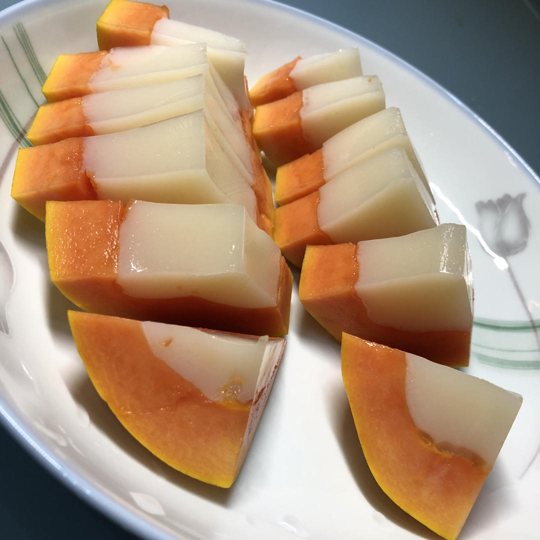 不用吉利丁片也能成功的                     Q仔木瓜奶冻